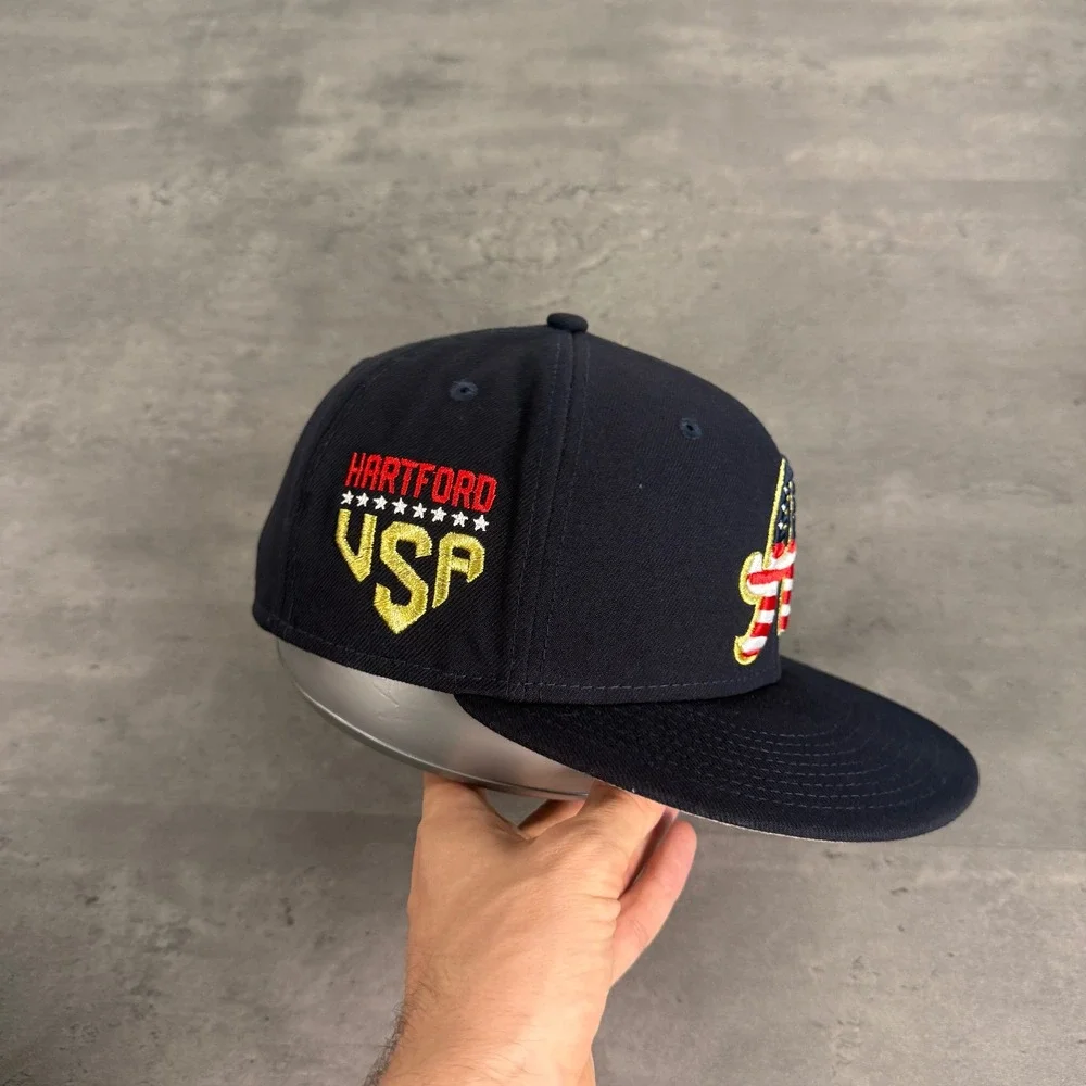 New Era Hartford Yard Goats Hat 7 1/4 Navy Red USA Flag Patch 59FIFTY MiLB